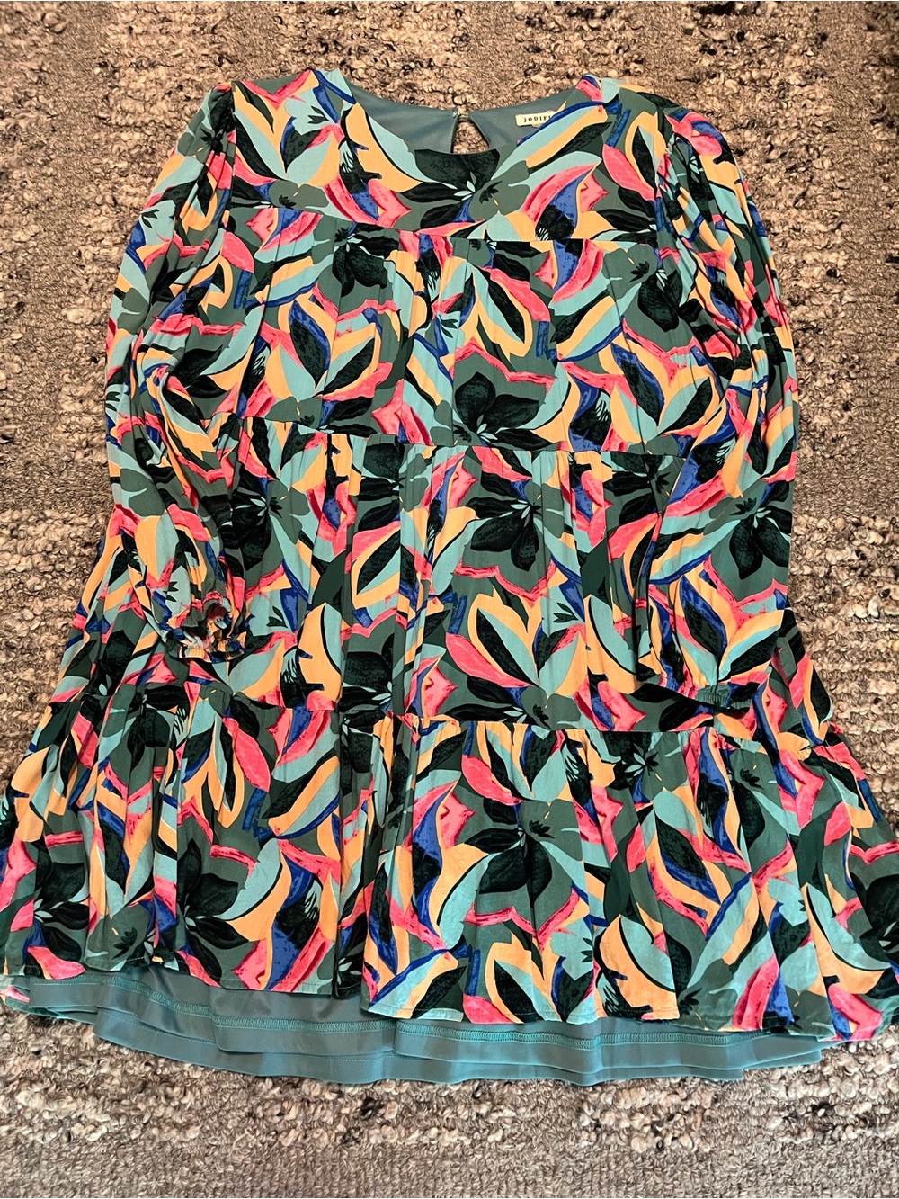 JODIFL Teal Floral Tiered Long Sleeve Dress with Multi-Color Leaves